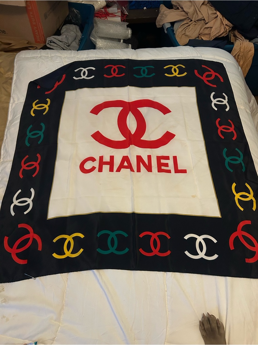 CHANEL Black, White & Red Logo Border Silk Scarf with Multicolor CC Motifs